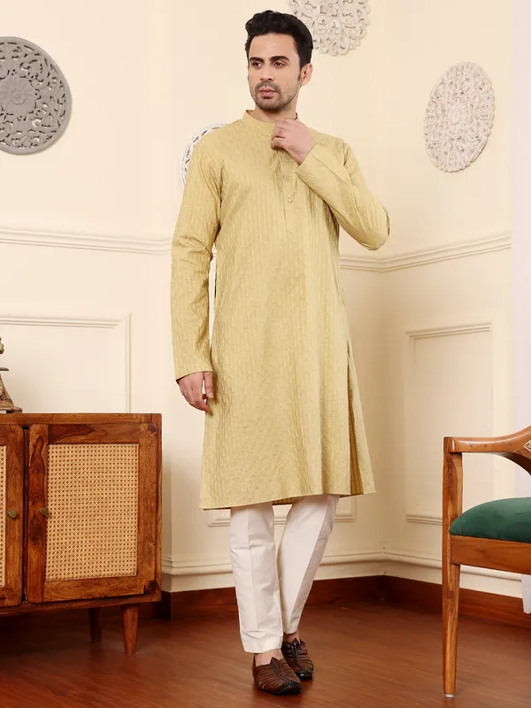 Men's_Yellow_Straight_Rayon_Silk_kurta_with_Textured_Effect_,Cream_solid_trouser_style_churidar