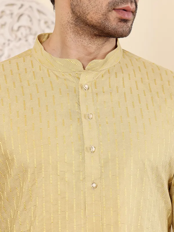 Men's_Yellow_Straight_Rayon_Silk_kurta_with_Textured_Effect_,Cream_solid_trouser_style_churidar
