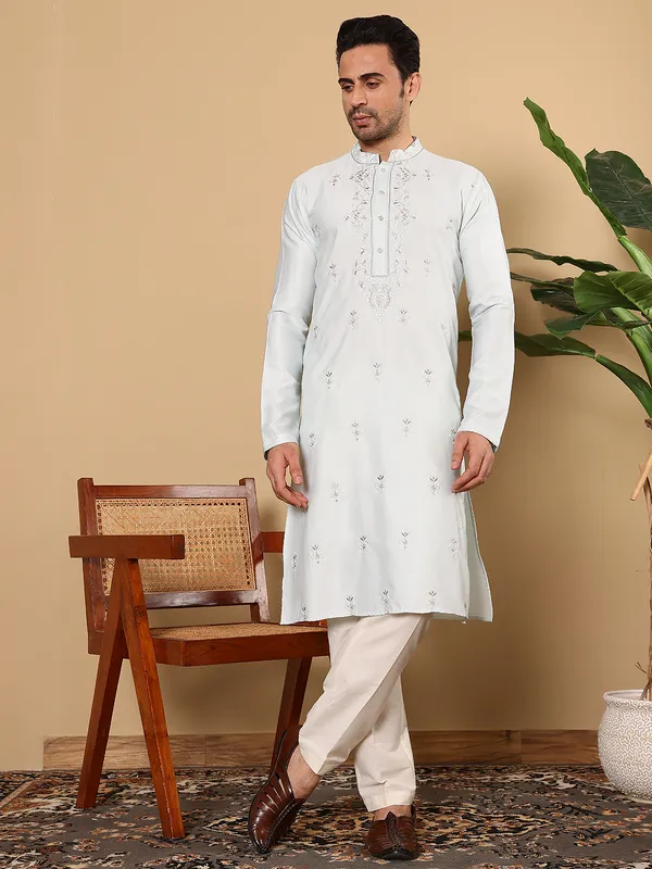 Men's_Light_Blue_Straight_Viscose_Silk_Kurta_with_Embroidered_Neckline_and_Motifs,Cream_solid_trouser_style_churidar