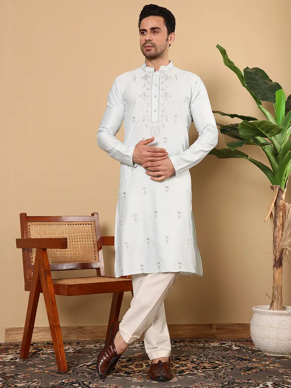 Men's_Light_Blue_Straight_Viscose_Silk_Kurta_with_Embroidered_Neckline_and_Motifs,Cream_solid_trouser_style_churidar