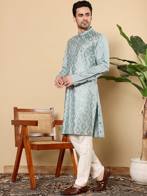 Men's_Blue_Straight_Viscose_Silk_Kurta_with_Embroidered_Neckline_and_Motifs,Cream_solid_trouser_style_churidar