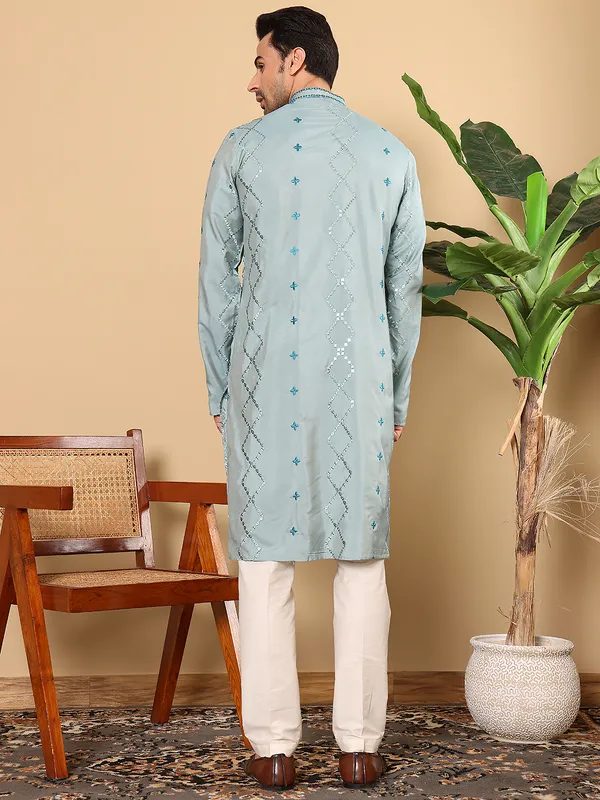 Men's_Blue_Straight_Viscose_Silk_Kurta_with_Embroidered_Neckline_and_Motifs,Cream_solid_trouser_style_churidar