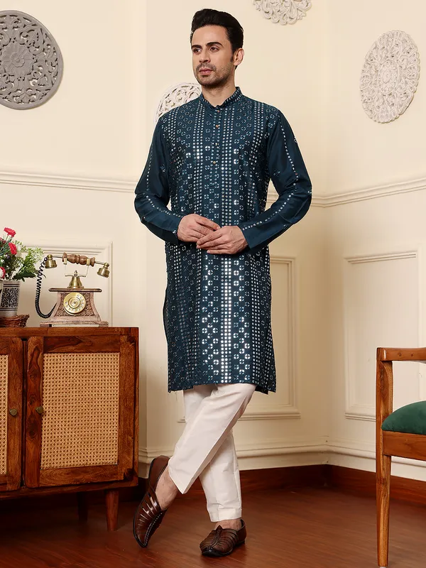 Men's_Dark_Blue_Straight_Viscose_Silk_Kurta_with_Embroidered_Neckline_and_Motifs,Off_White_solid_trouser_style_churidar