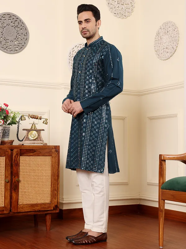 Men's_Dark_Blue_Straight_Viscose_Silk_Kurta_with_Embroidered_Neckline_and_Motifs,Off_White_solid_trouser_style_churidar