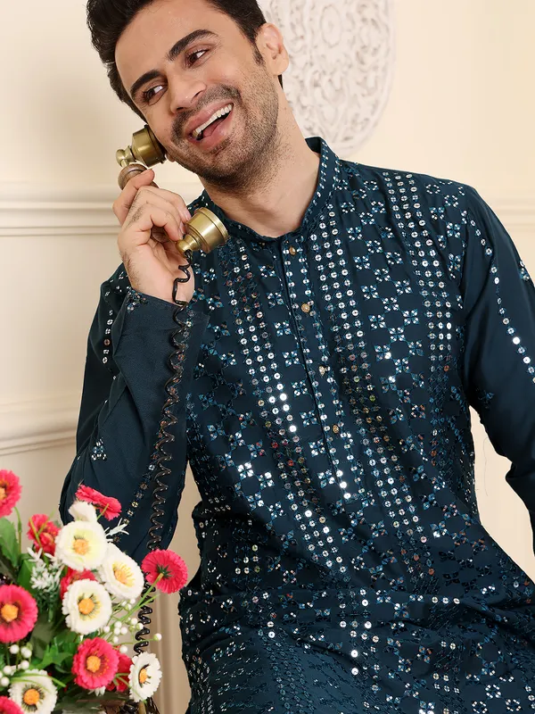 Men's_Dark_Blue_Straight_Viscose_Silk_Kurta_with_Embroidered_Neckline_and_Motifs,Off_White_solid_trouser_style_churidar