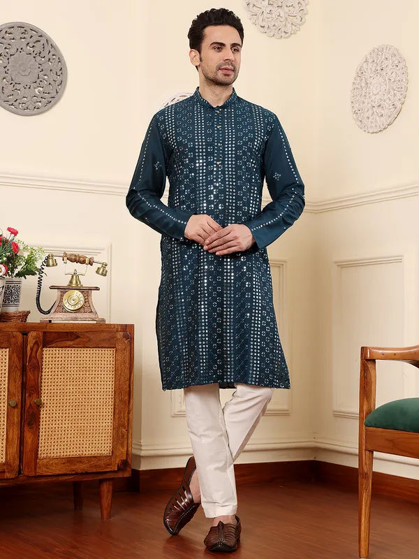 Men's_Dark_Blue_Straight_Viscose_Silk_Kurta_with_Embroidered_Neckline_and_Motifs,Off_White_solid_trouser_style_churidar