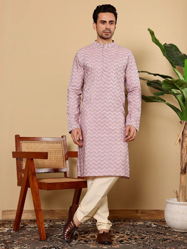 Men's_Elegant_Pink_Straight_Cotton_Kurta_with_Embroidery_,Cream_solid_trouser_style_churidar