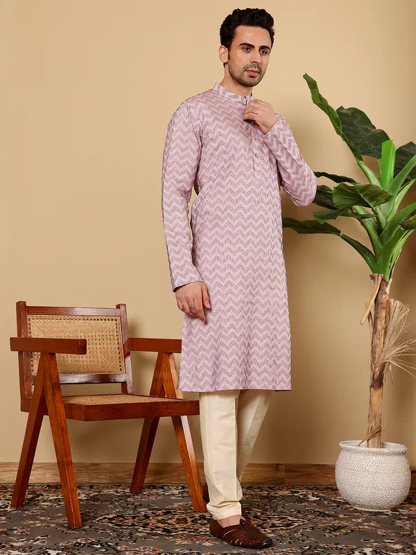 Men's_Elegant_Pink_Straight_Cotton_Kurta_with_Embroidery_,Cream_solid_trouser_style_churidar