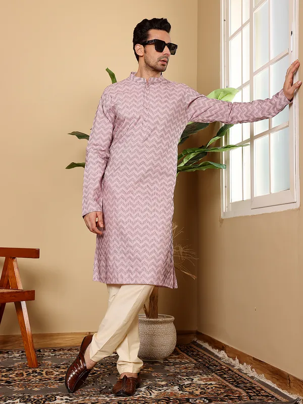 Men's_Elegant_Pink_Straight_Cotton_Kurta_with_Embroidery_,Cream_solid_trouser_style_churidar