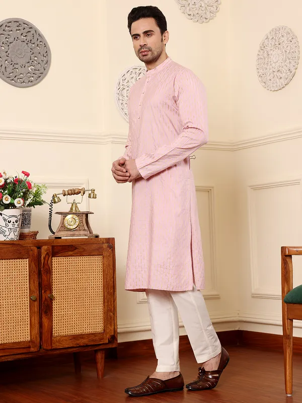 Men's_Pink_Straight_Viscose_Silk_Kurta_with_Embroidered_Neckline_and_Motifs,Off_White_solid_trouser_style_churidar
