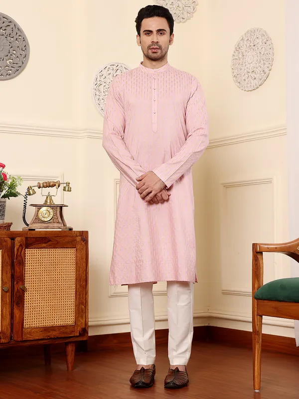 Men's_Pink_Straight_Viscose_Silk_Kurta_with_Embroidered_Neckline_and_Motifs,Off_White_solid_trouser_style_churidar