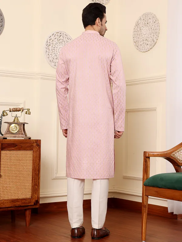Men's_Pink_Straight_Viscose_Silk_Kurta_with_Embroidered_Neckline_and_Motifs,Off_White_solid_trouser_style_churidar