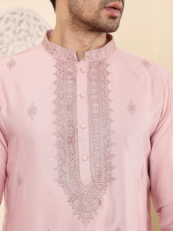 Men's_Pink_Straight_Viscose_Silk_Kurta_with_Embroidered_Neckline_and_Motifs,Cream_solid_trouser_style_churidar