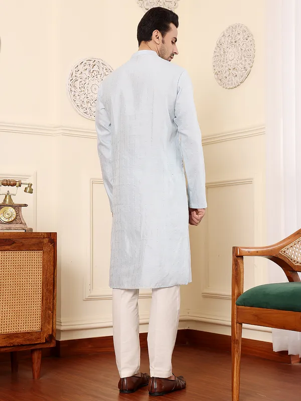 Men's_Light_Blue_Rayon_Silk_Straight_Viscose_Silk_kurta_with_Textured_Effect_,Cream_solid_trouser_style_churidar