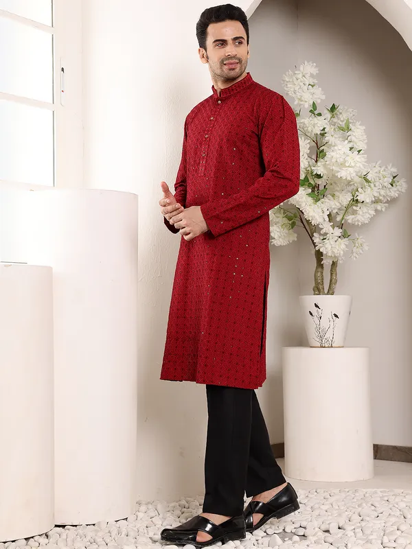 Men's_Red_Straight_Viscose_Silk_Kurta_with_Embroidered_Neckline_and_Motifs,Black_solid_trouser_style_churidar