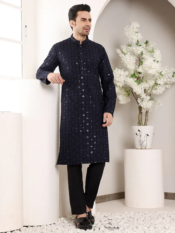 Men's_Black_Straight_Viscose_Silk_Kurta_with_Embroidered_Neckline_and_Motifs,Black_solid_trouser_style_churidar
