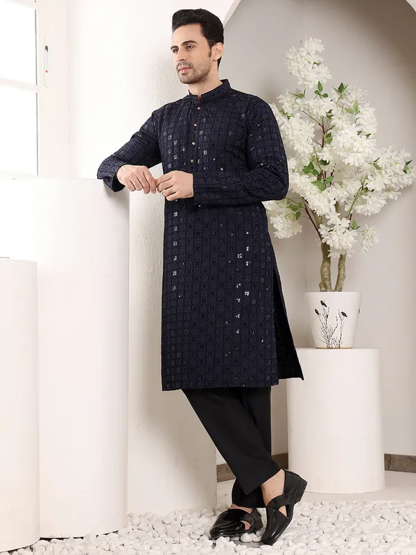 Men's_Black_Straight_Viscose_Silk_Kurta_with_Embroidered_Neckline_and_Motifs,Black_solid_trouser_style_churidar
