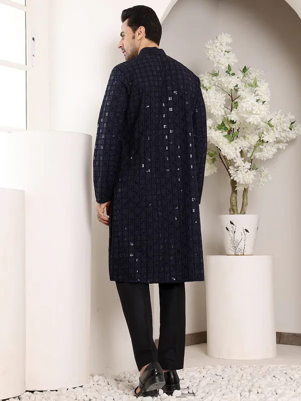 Men's_Black_Straight_Viscose_Silk_Kurta_with_Embroidered_Neckline_and_Motifs,Black_solid_trouser_style_churidar