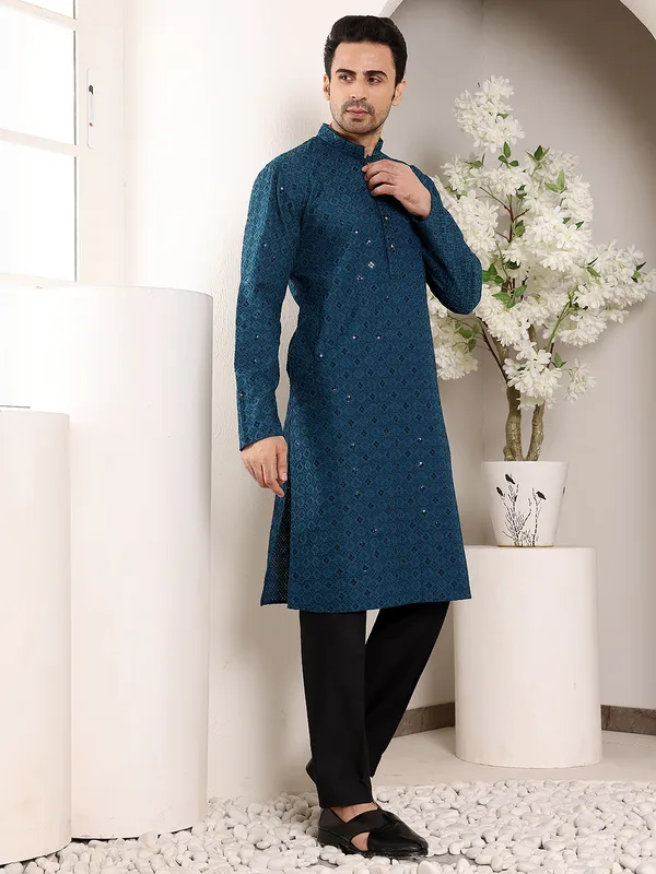 Men's_Blue_Straight_Viscose_Silk_Kurta_with_Embroidered_Neckline_and_Motifs,Black_solid_trouser_style_churidar