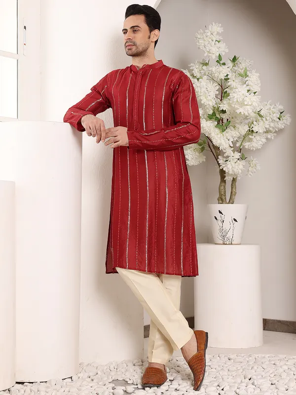 Men's_RedStraight_Viscose_Silk_Kurta_with_Embroidered_Neckline_and_Motifs,Cream_solid_trouser_style_churidar