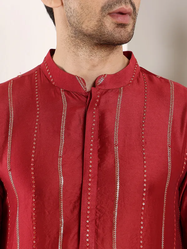 Men's_RedStraight_Viscose_Silk_Kurta_with_Embroidered_Neckline_and_Motifs,Cream_solid_trouser_style_churidar