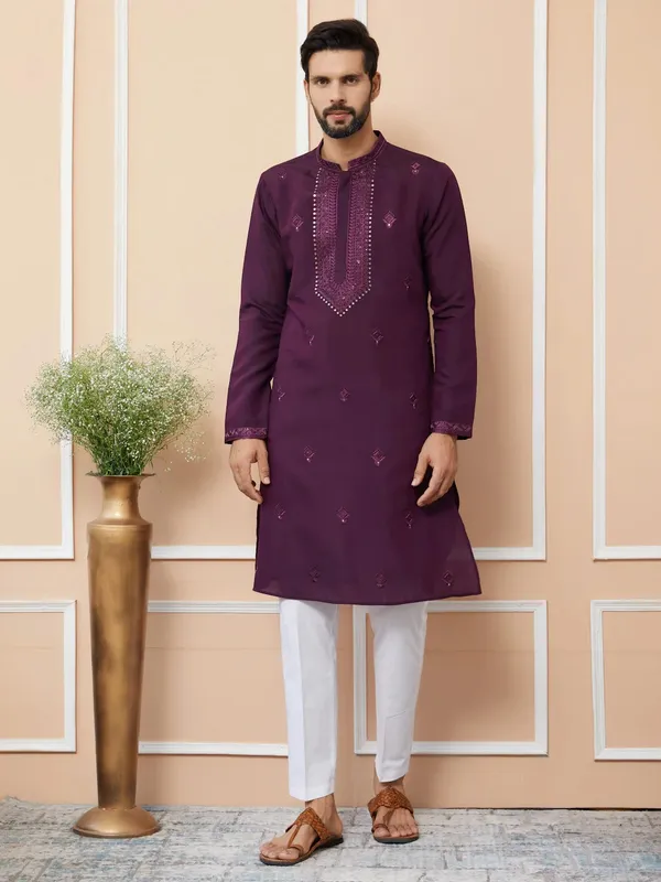 Men's_Purple_Straight_Viscose_Silk_Kurta_with_Embroidered_Neckline_and_Motifs,Off_White_solid_trouser_style_churidar