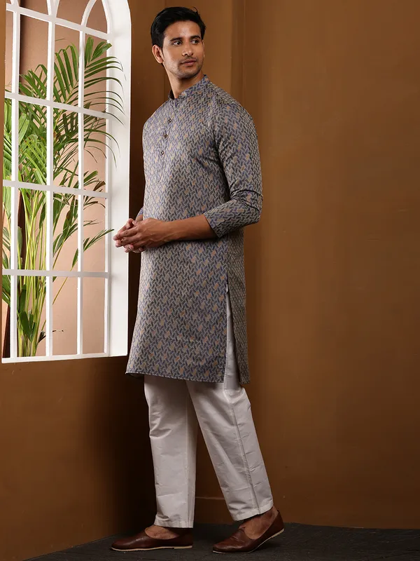 Grey_Weaving_Design_Long_Kurta_with_White_Pyjama