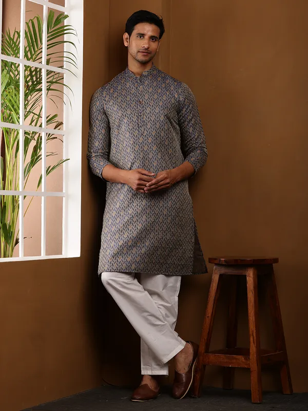 Grey_Weaving_Design_Long_Kurta_with_White_Pyjama