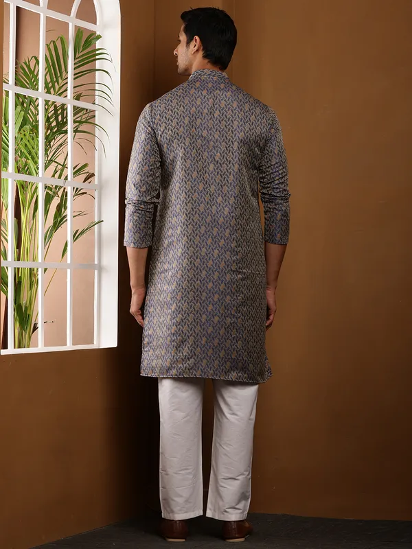 Grey_Weaving_Design_Long_Kurta_with_White_Pyjama