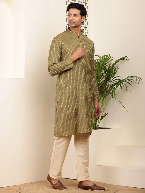 Men_Olive_Gold_Cotton_Festive_Kurta_with_beige_Pyjama