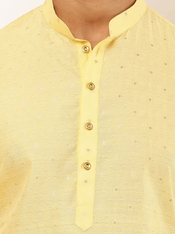 Men's_Yellow_Weaving_Design_zari_Embroidery_Viscose_Blended_Kurta_with_Festive_Finish_and_off_White_Pyjama