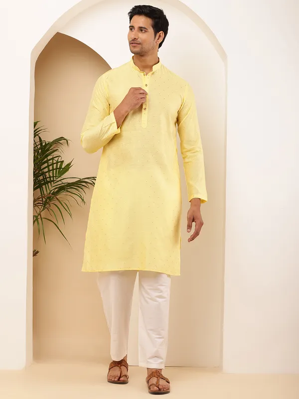 Men's_Yellow_Weaving_Design_zari_Embroidery_Viscose_Blended_Kurta_with_Festive_Finish_and_off_White_Pyjama
