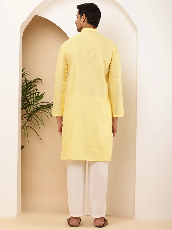 Men's_Yellow_Weaving_Design_zari_Embroidery_Viscose_Blended_Kurta_with_Festive_Finish_and_off_White_Pyjama