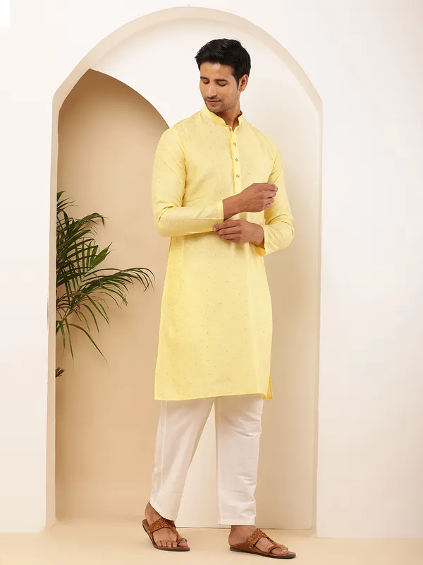 Men's_Yellow_Weaving_Design_zari_Embroidery_Viscose_Blended_Kurta_with_Festive_Finish_and_off_White_Pyjama