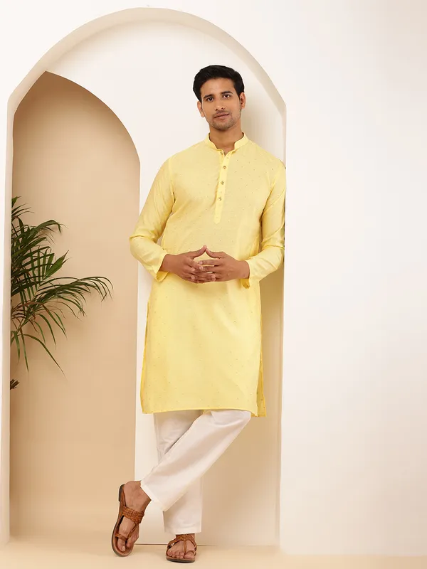 Men's_Yellow_Weaving_Design_zari_Embroidery_Viscose_Blended_Kurta_with_Festive_Finish_and_off_White_Pyjama