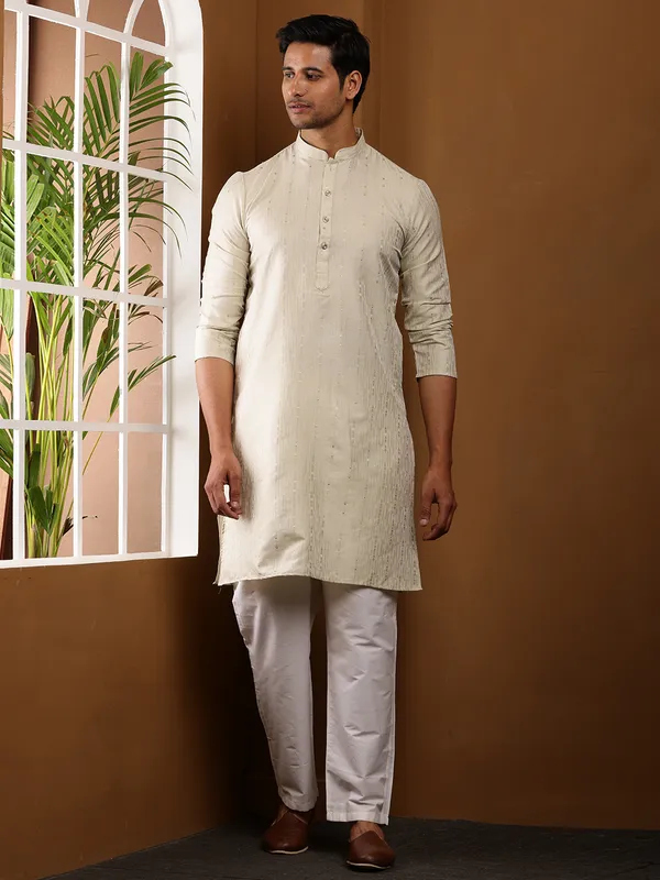 Men�s_Beige_Textured_Viscose_Blended_Kurta_with_White_Pyjama