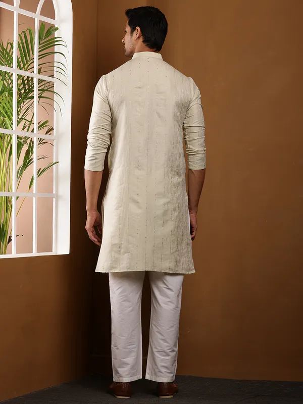 Men�s_Beige_Textured_Viscose_Blended_Kurta_with_White_Pyjama
