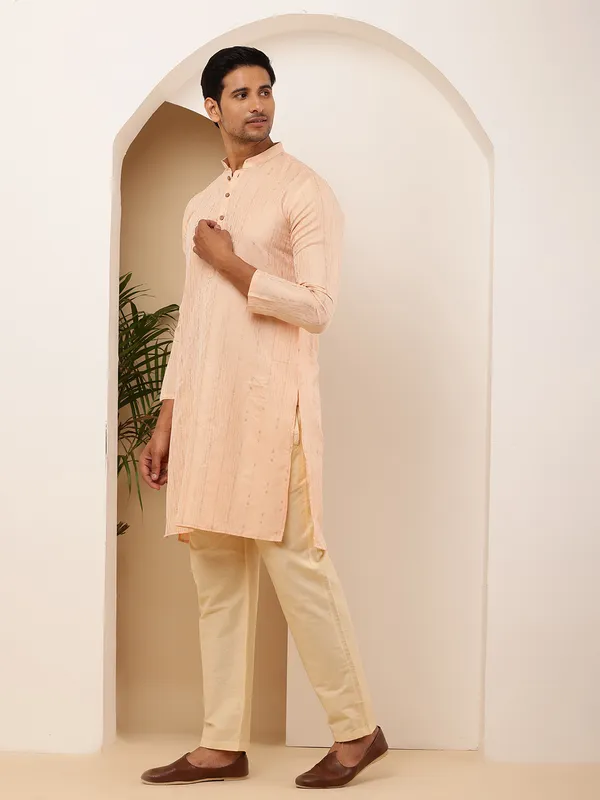 Men_Peach_Embroidered_Kurta_with_Beige_Pyjama_Set