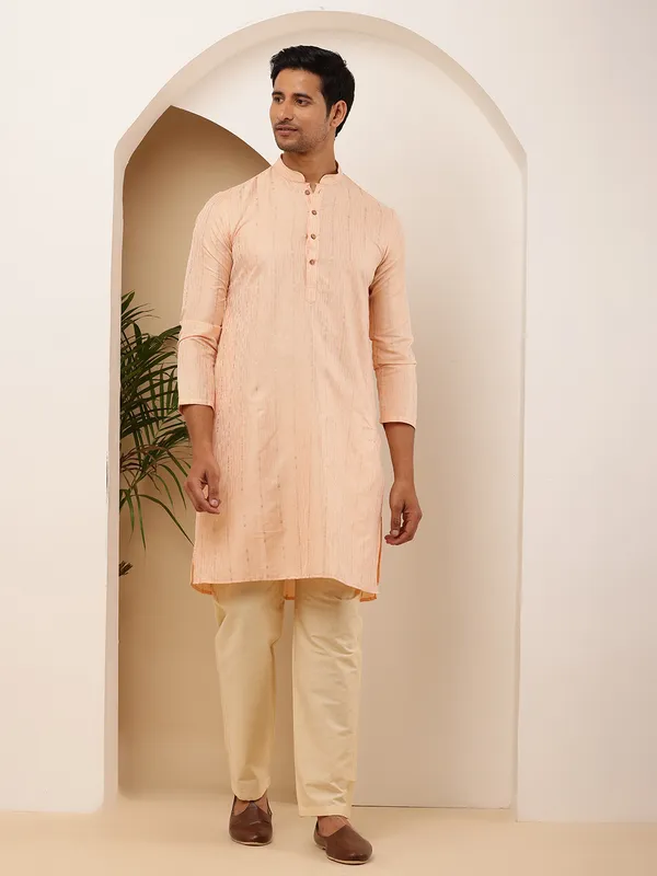 Men_Peach_Embroidered_Kurta_with_Beige_Pyjama_Set
