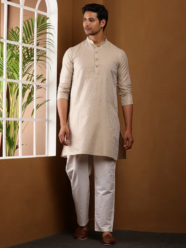 Men_Beige_Embroidered_Kurta_with_White_Pyjama_Set