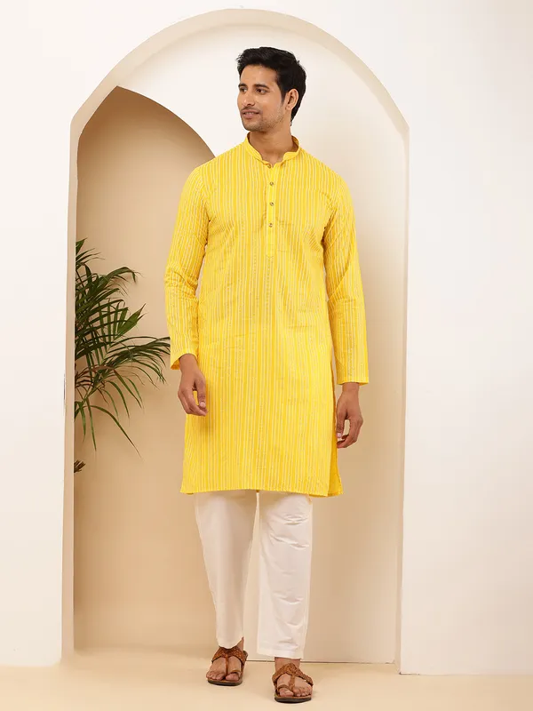 Men_Yellow_Ikat_Printed_Cotton_Kurta_with_White_Pyjama_Set