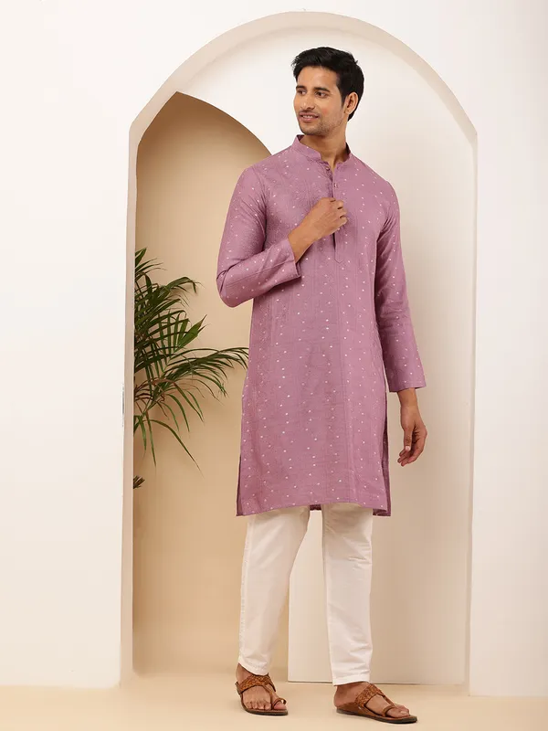Men_Mauve_Self-Textured_Viscose_Blend_Kurta_With_White_Pyjama_Set