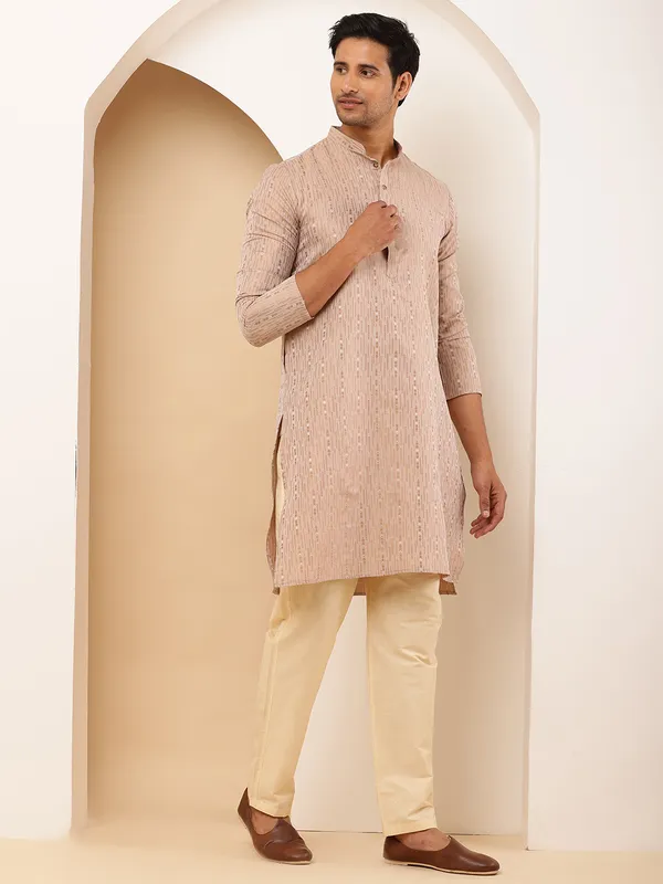 Men_Beige_Textured_Kurta_Set_with_Cream_Pyjama