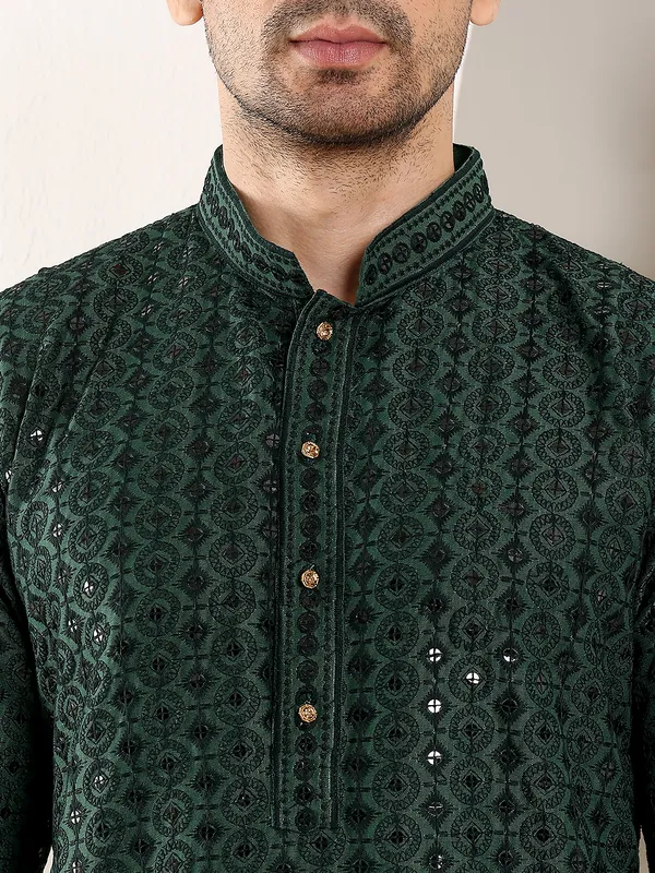 Dark_Green_Straight_Viscose_Silk_Embroidered_Neckline_And_Motifs_Kurta_For_Men