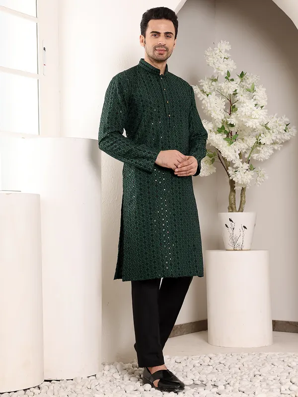 Dark_Green_Straight_Viscose_Silk_Embroidered_Neckline_And_Motifs_Kurta_For_Men