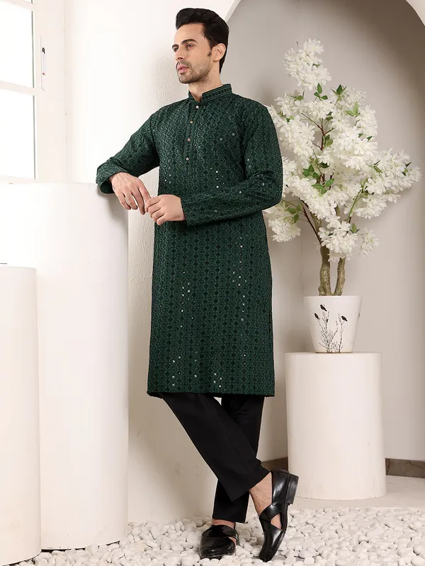 Dark_Green_Straight_Viscose_Silk_Embroidered_Neckline_And_Motifs_Kurta_For_Men