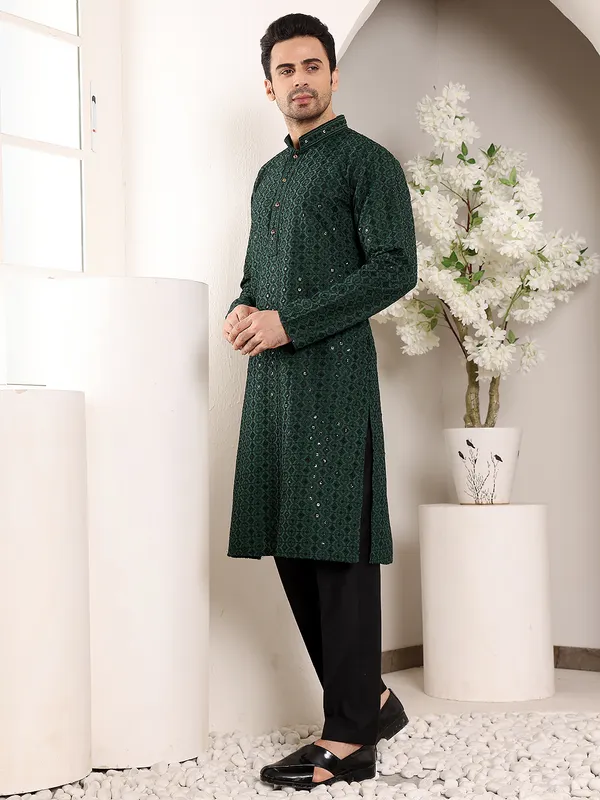 Dark_Green_Straight_Viscose_Silk_Embroidered_Neckline_And_Motifs_Kurta_For_Men