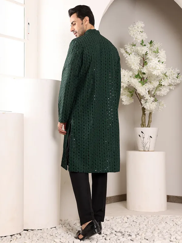 Dark_Green_Straight_Viscose_Silk_Embroidered_Neckline_And_Motifs_Kurta_For_Men