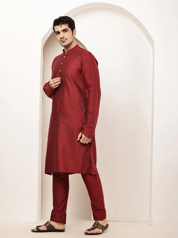 Dark_Red_Straight_Viscose_Silk_Kurta_For_Men