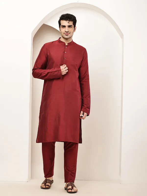Dark_Red_Straight_Viscose_Silk_Kurta_For_Men